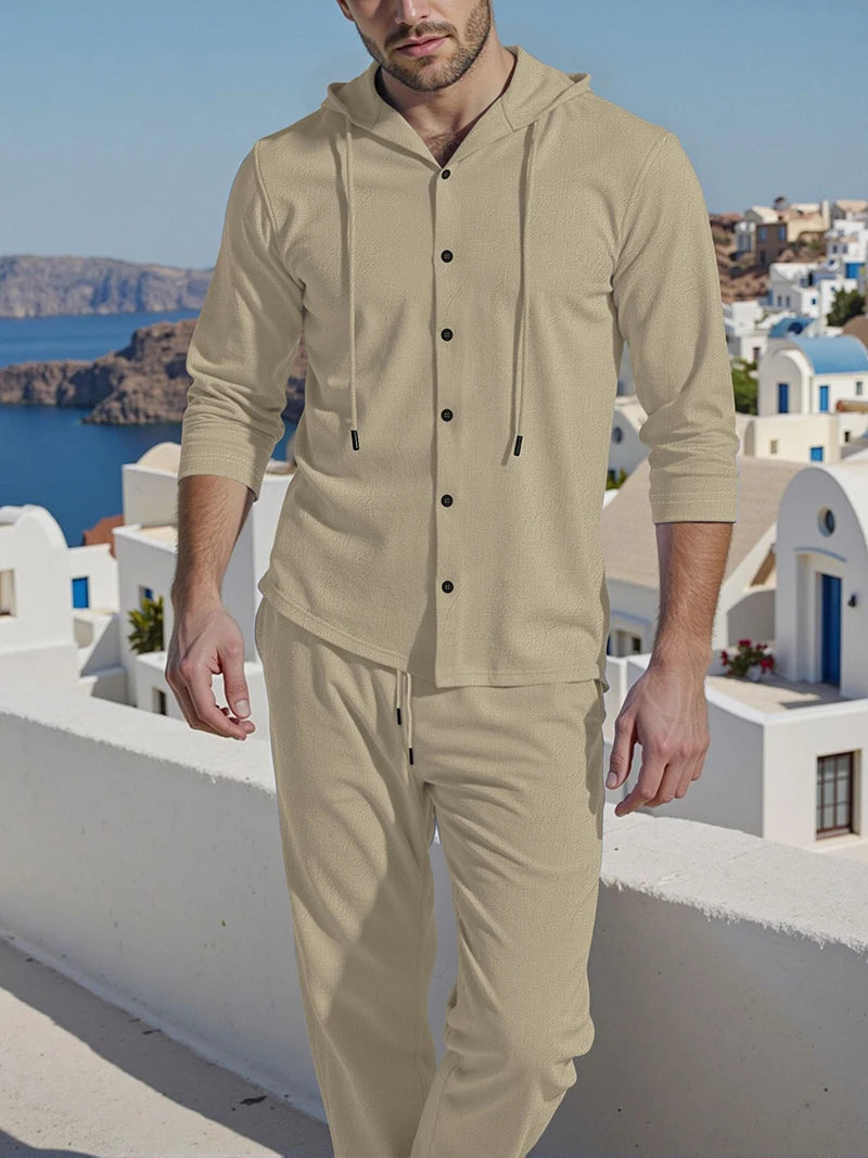Ensemble Homme Chemise Lin À Capuche Manches Longues + Pantalon Cordon Casual Streetwear Voyage – CLEVI Paris