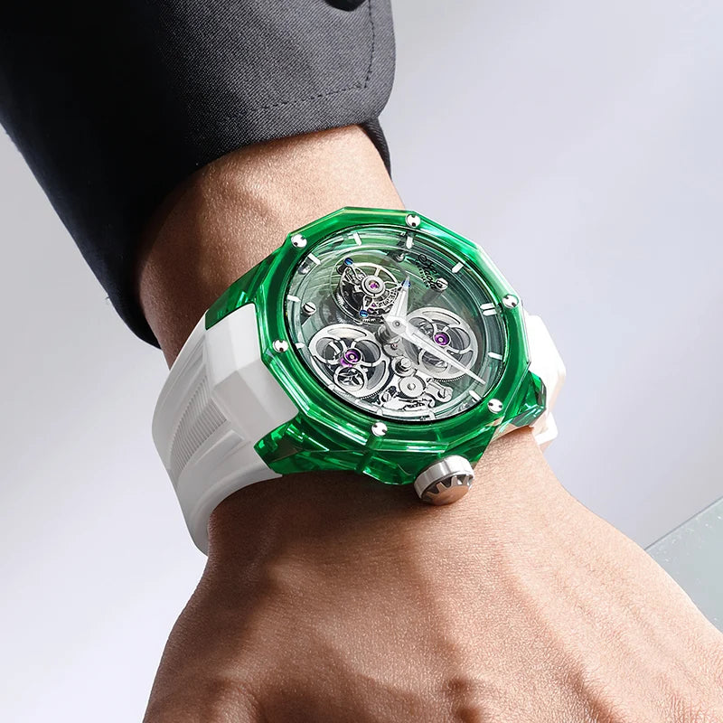 Montre Homme Tourbillon Volant HAOFA 2388 – Boîtier Saphir ou Grenat Transparent Squelette Réserve 60h Édition Limitée – CLEVI Paris