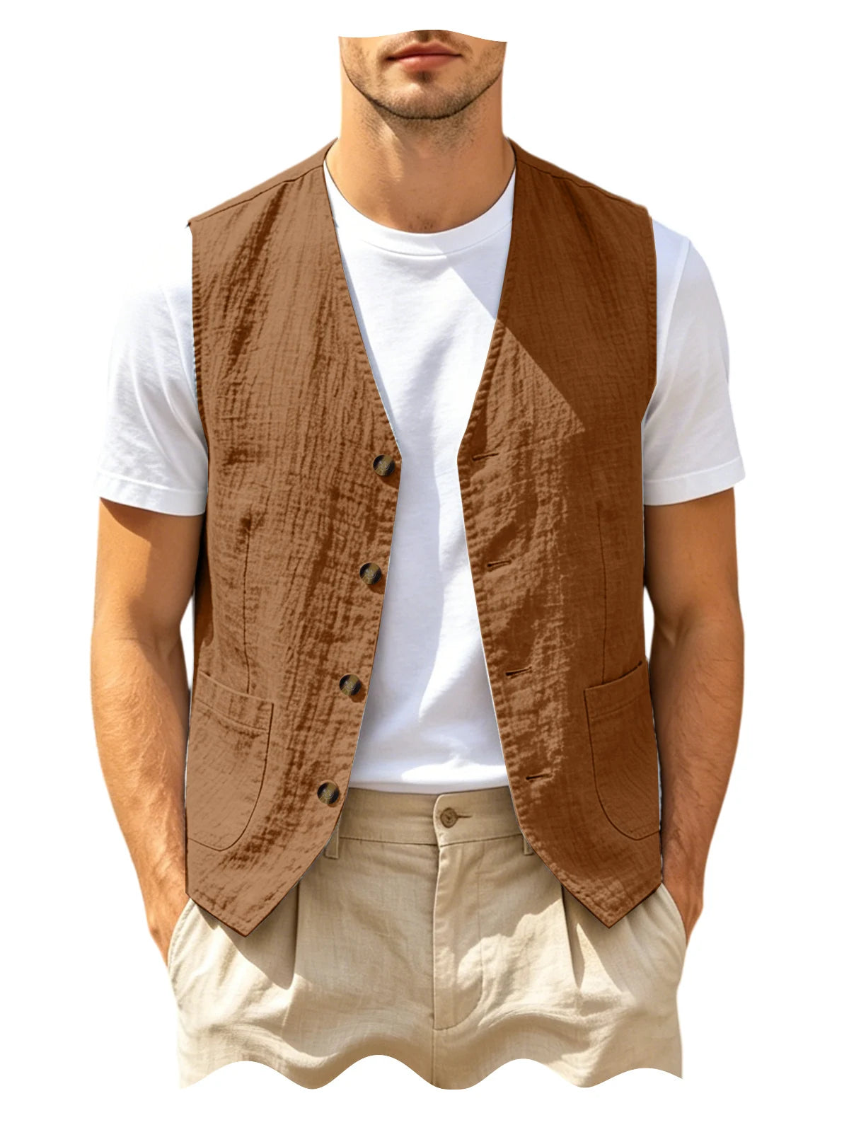 Gilet homme en lin col V – CLEVI Paris