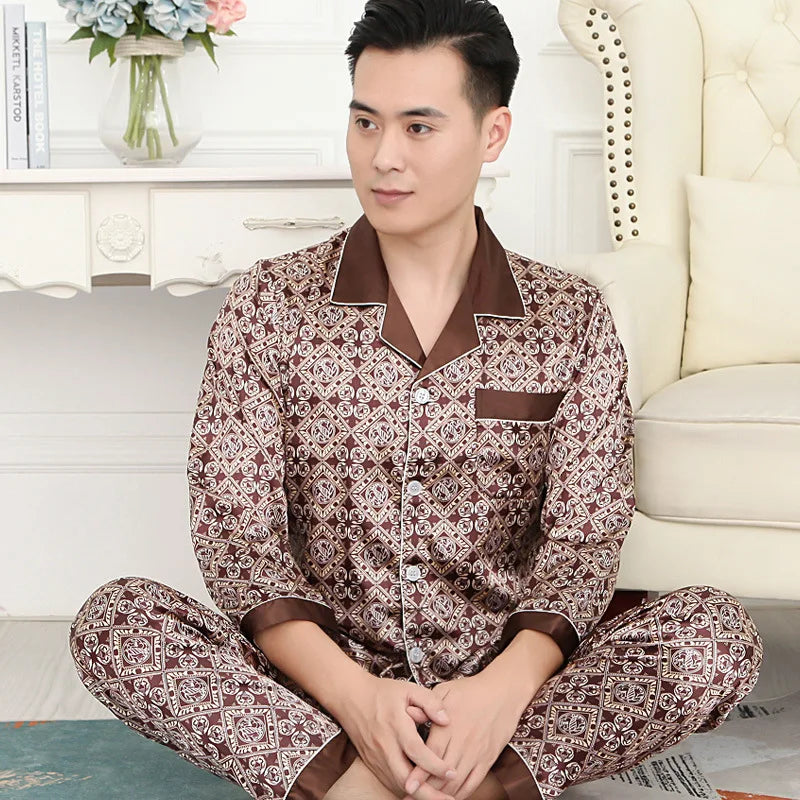 Pyjama Homme 2 Pièces Soie de Glace Satin Col Rabattu Manches Longues Style Luxe Imprimé Printemps Été – CLEVI Paris