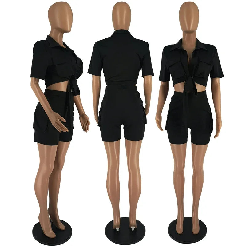 Ensemble Deux Pièces Femme Streetwear – Chemise Boutonné Manches Courtes & Short Assorti – CLEVI Paris