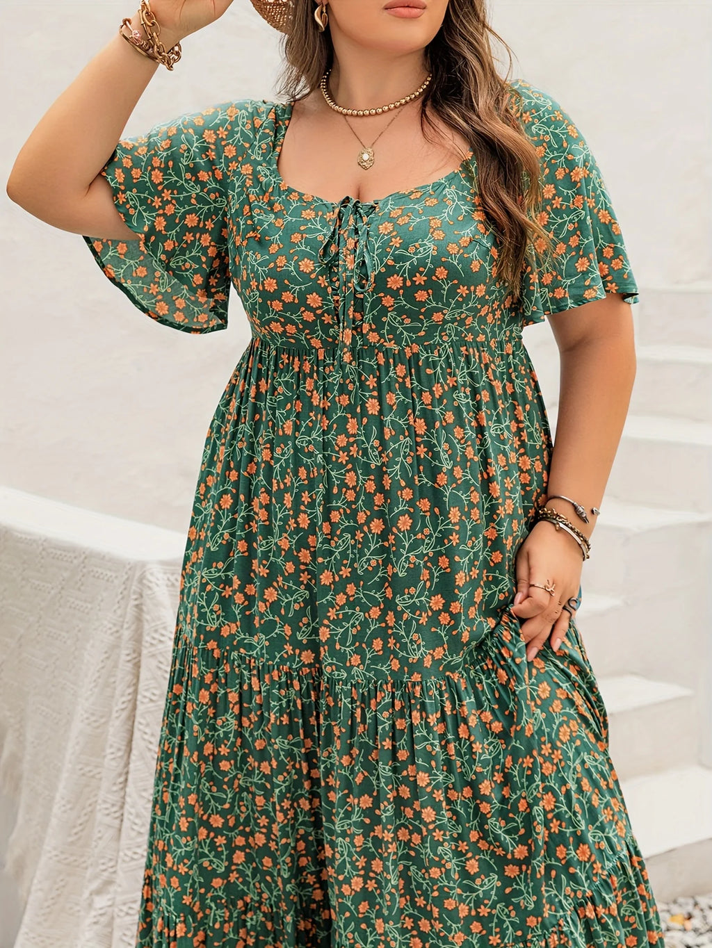 Robe Longue Femme Grande Taille Bohème Imprimé Col Français – CLEVI Paris
