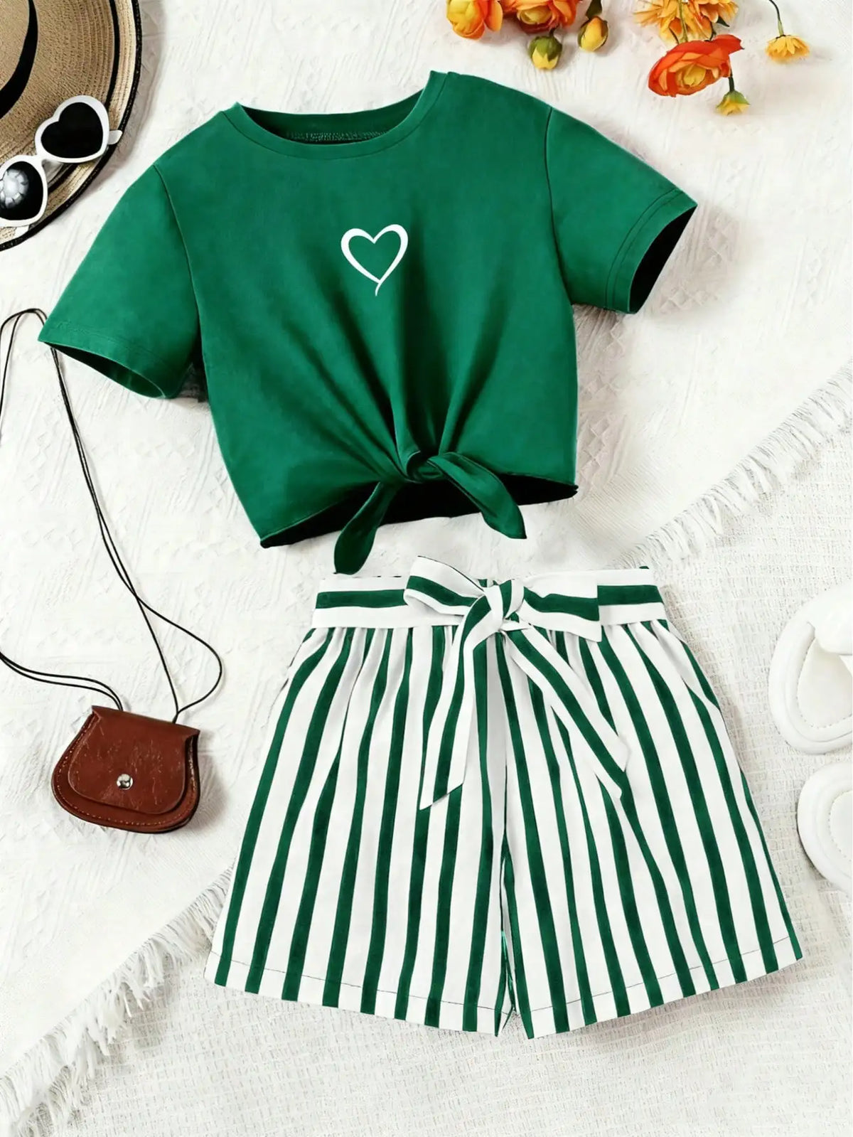 Ensemble fille t-shirt cœur et short rayé – CLEVI Paris