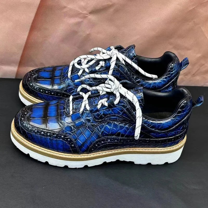 Sneakers Cuir Crocodile Homme Bout Rond Lacets Bleu – CLEVI Paris