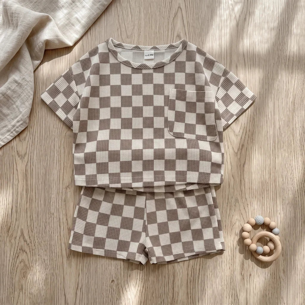 Ensemble bébé à carreaux kaki haut et short – CLEVI Paris