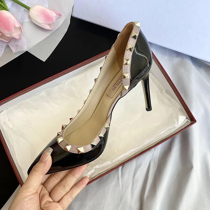 Escarpins Femme Talons Aiguilles Cuir Verni Rivets – CLEVI Paris