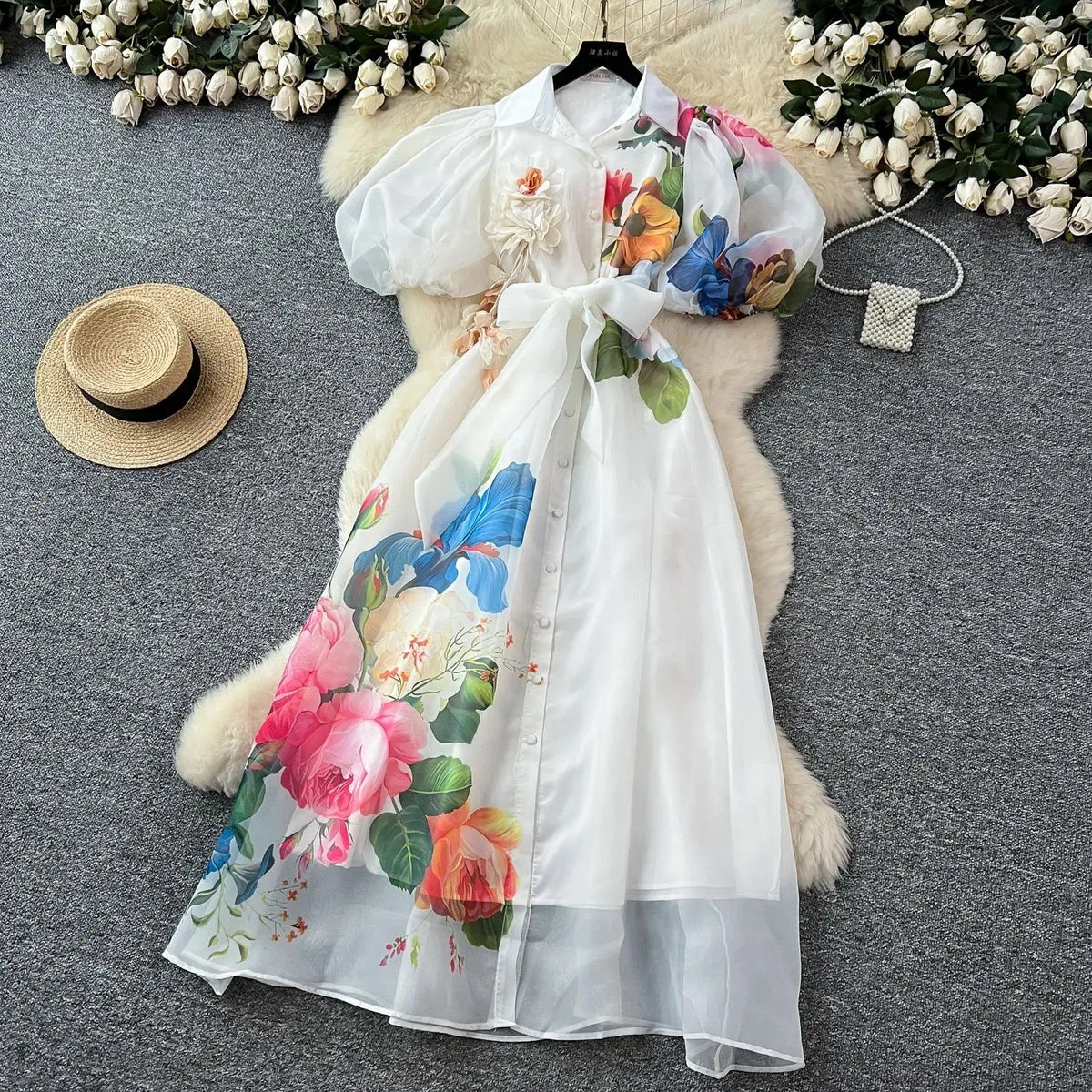 Robe Femme Longue Fleurs 3D Manches Bouffantes Dentelle Style Palace Élégante – CLEVI Paris