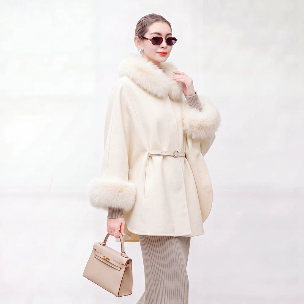 Manteau cape laine et col renard amovible – CLEVI Paris