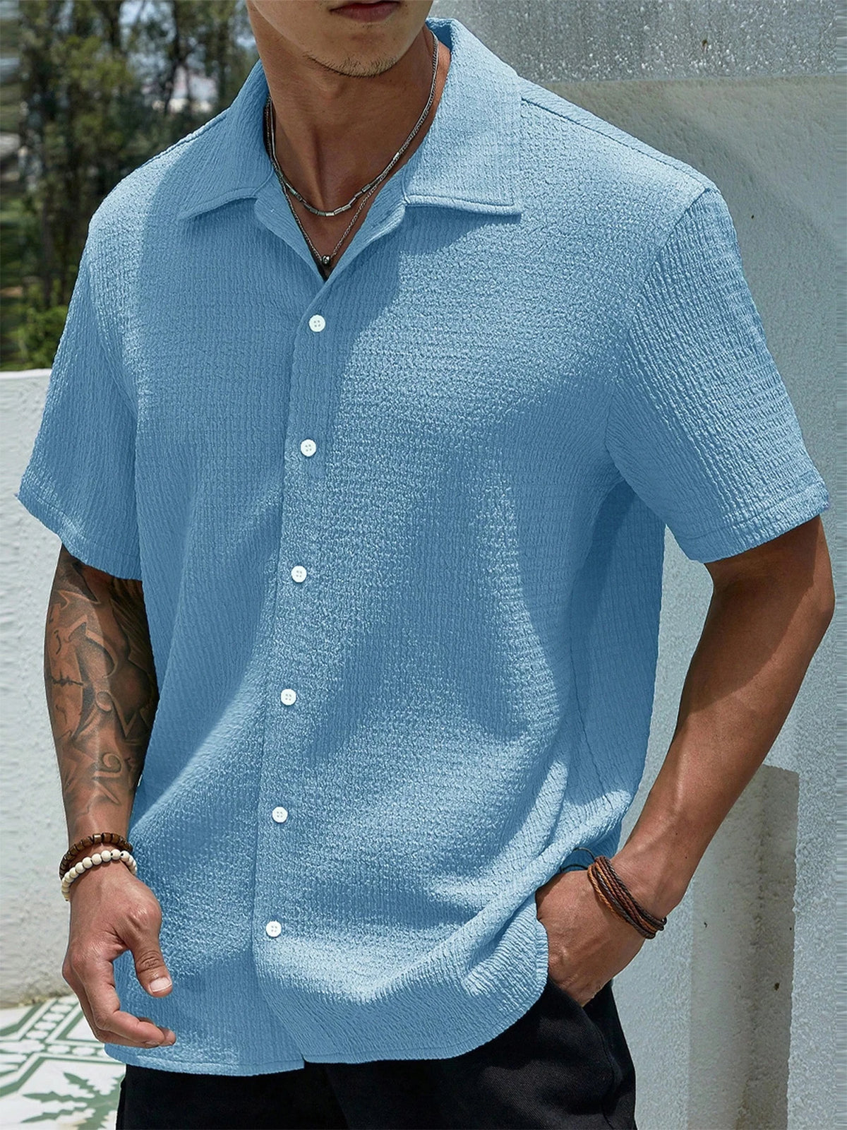 Chemise Homme Casual Manches Courtes Été Tissu Plissé Léger – CLEVI Paris