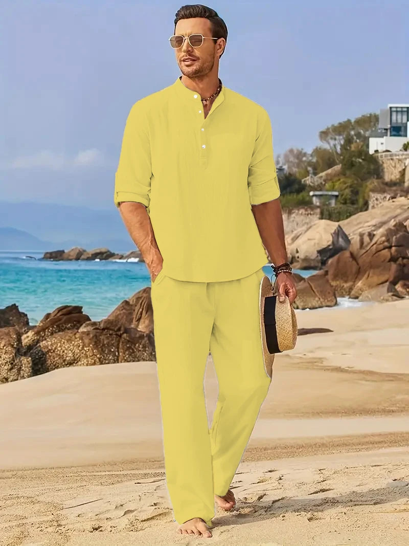 Ensemble Homme Chemise Henley Manches Longues Col Tunisien + Pantalon Taille Élastique Coton Lin Casual Été 8 Coloris – CLEVI Paris