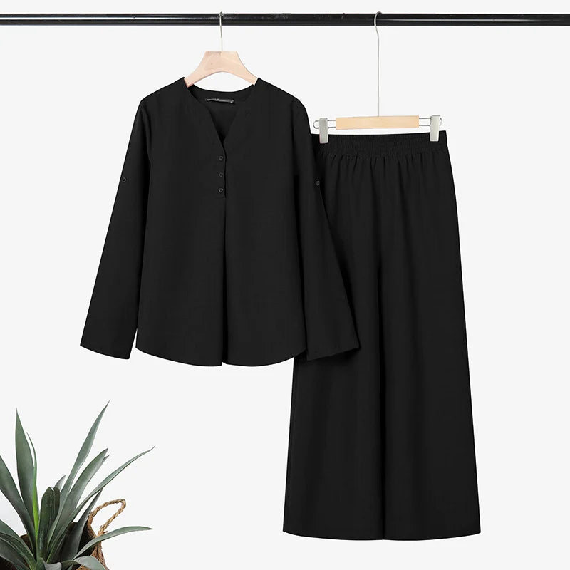 Ensemble 2 Pièces Femme Blouse Col V Manches Longues Demi-Boutonnée + Pantalon Large Taille Mi-Haute Élastique Casual Bohème Marron Clair Bleu Noir – CLEVI Paris