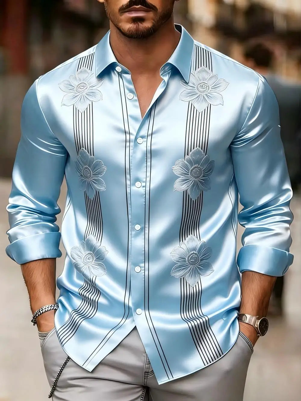 Chemise homme en satin à motifs imprimés – CLEVI Paris