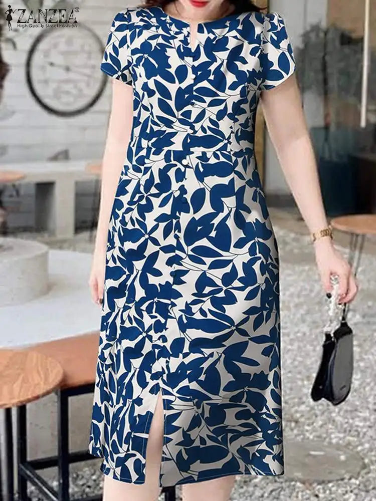 Robe Femme Col V Imprimé Feuilles Vintage Manches Courtes Fente Mi-Mollet – CLEVI Paris