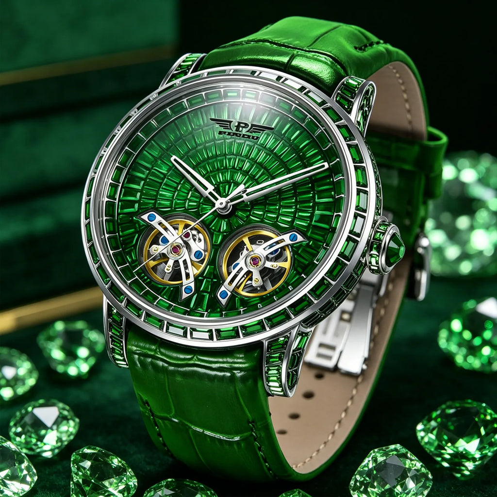 Montre Homme Automatique Double Volant Tourbillon Serti Diamants Saphir Cuir Pindu PD6656 – CLEVI Paris