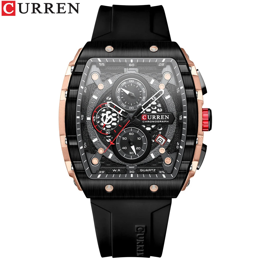CURREN 8442 Montre Homme Quartz Carrée Chronographe Silicone Lumineux 30M – CLEVI Paris