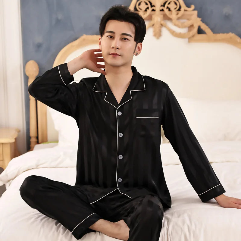 Pyjama Homme 2 Pièces Soie de Glace Satin Col Rabattu Manches Longues Style Luxe Imprimé Printemps Été – CLEVI Paris