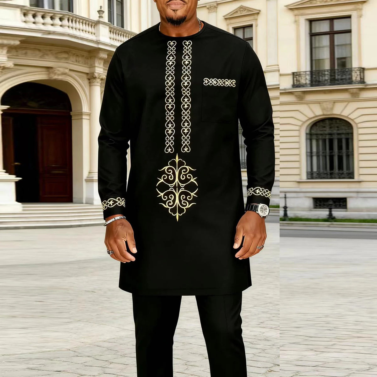 Ensemble Kaftan Homme Col Rond Manches Longues Tenue Africaine Traditionnelle 2 Pièces – CLEVI Paris