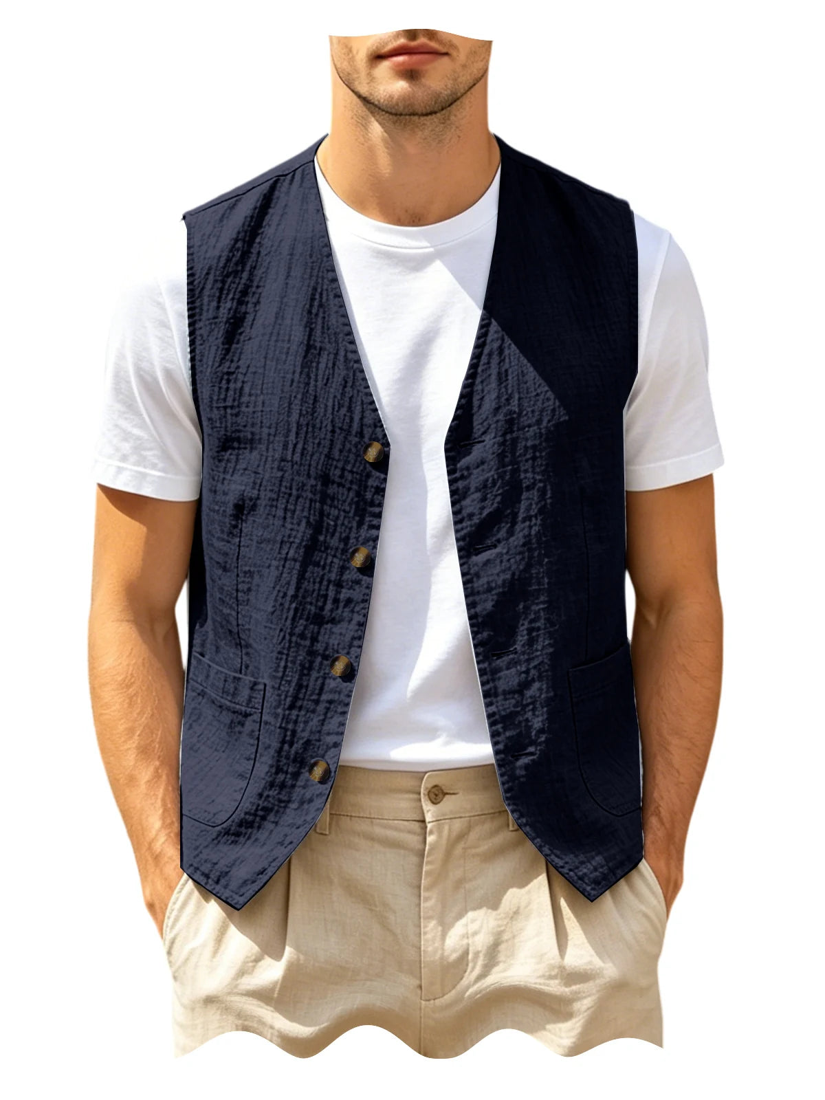 Gilet homme en lin col V – CLEVI Paris