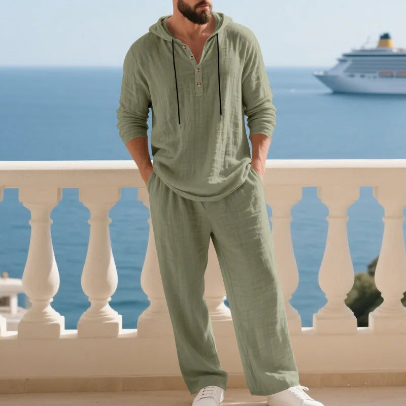 Ensemble Homme Chemise Henley Lin À Capuche Manches Longues + Pantalon Casual Voyage Printemps Automne – CLEVI Paris