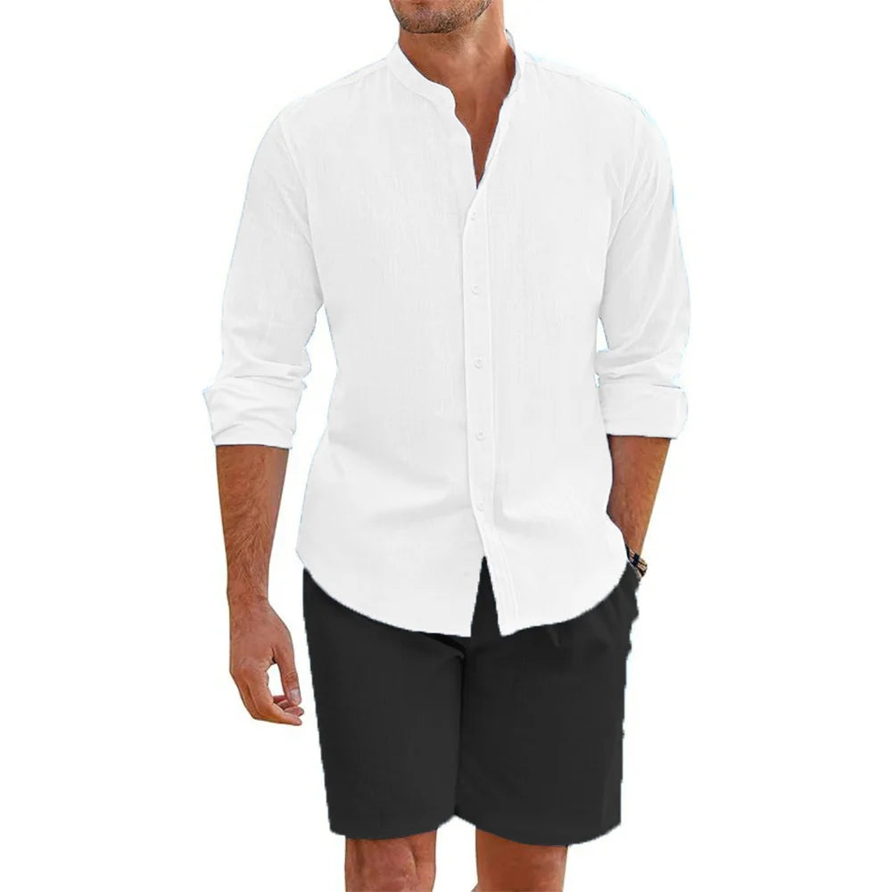 Ensemble 2 Pièces Homme Coton Lin Chemise Col Mao + Short Élastique Style Plage Casual – CLEVI Paris