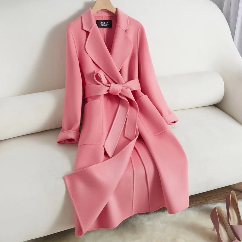 Manteau long femme ceinturé à revers – CLEVI Paris
