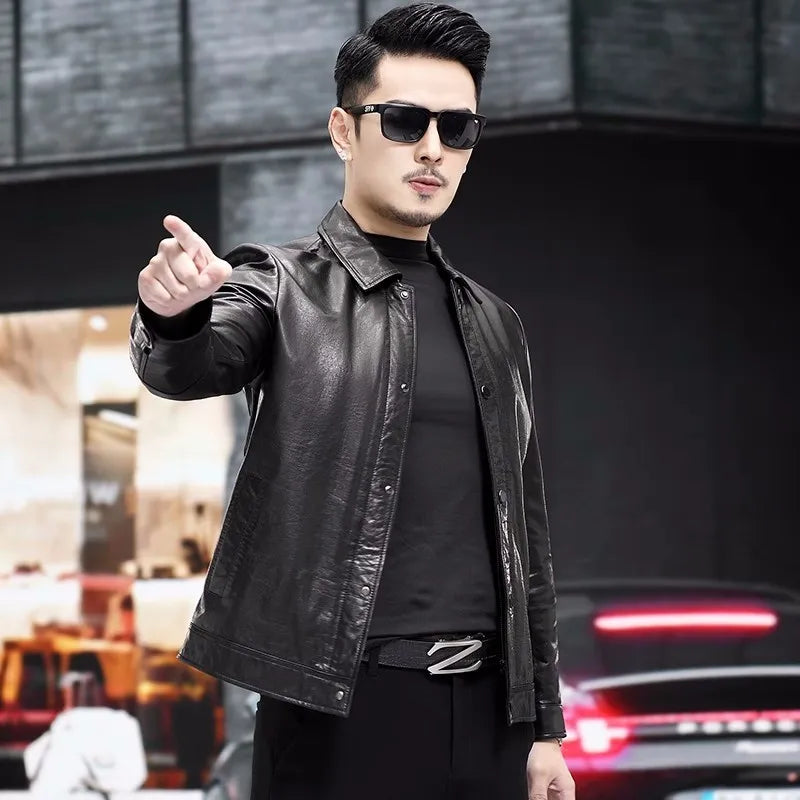 Veste homme en cuir noir boutonnée – CLEVI Paris