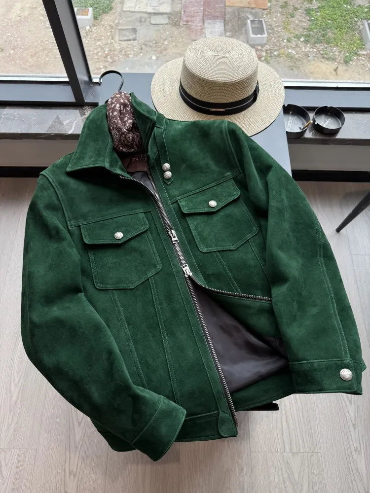 Blouson homme vert aspect daim à col rabattu – CLEVI Paris