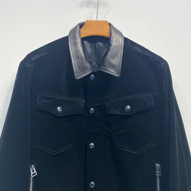 Veste homme noire effet velours à col contrastant – CLEVI Paris