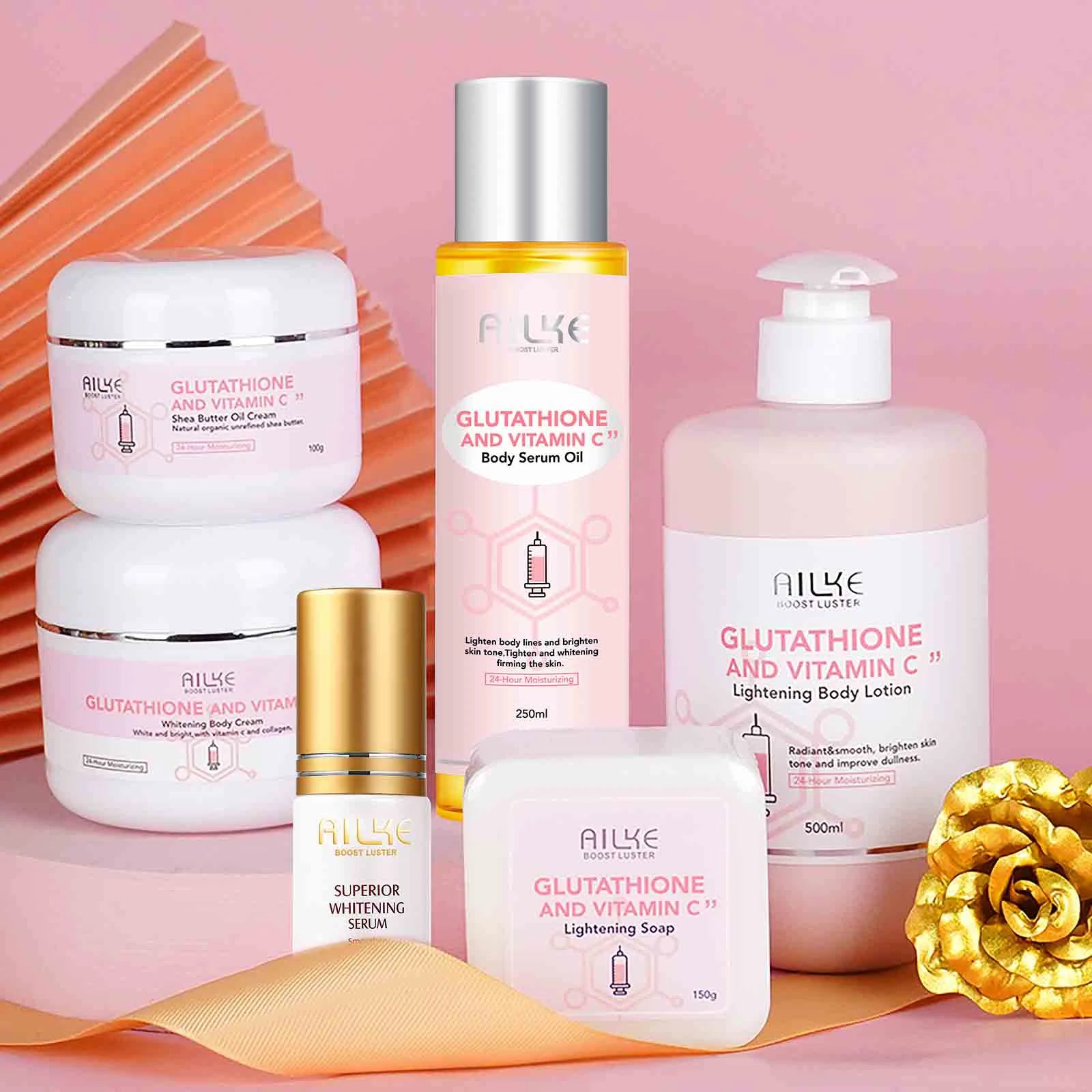 Gamme Éclaircissante AILKE – Vitamine C, Glutathion & Collagène – Teint Unifié, Taches Réduites & Peau Lumineuse