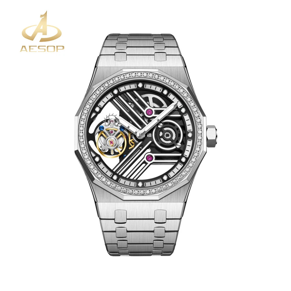 AESOP 7055 Montre Homme Tourbillon Squelette Octogone Saphir Diamant – CLEVI Paris