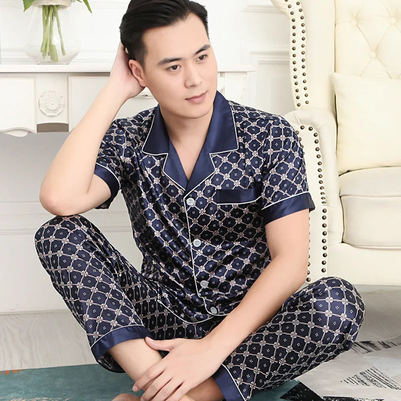 Pyjama Homme 2 Pièces Soie de Glace Satin Col Rabattu Manches Longues Style Luxe Imprimé Printemps Été – CLEVI Paris