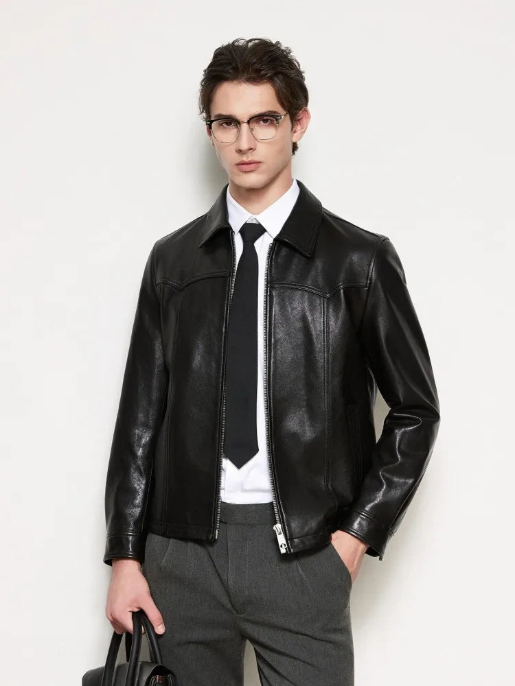 Veste homme en cuir de mouton noir zippée – CLEVI Paris