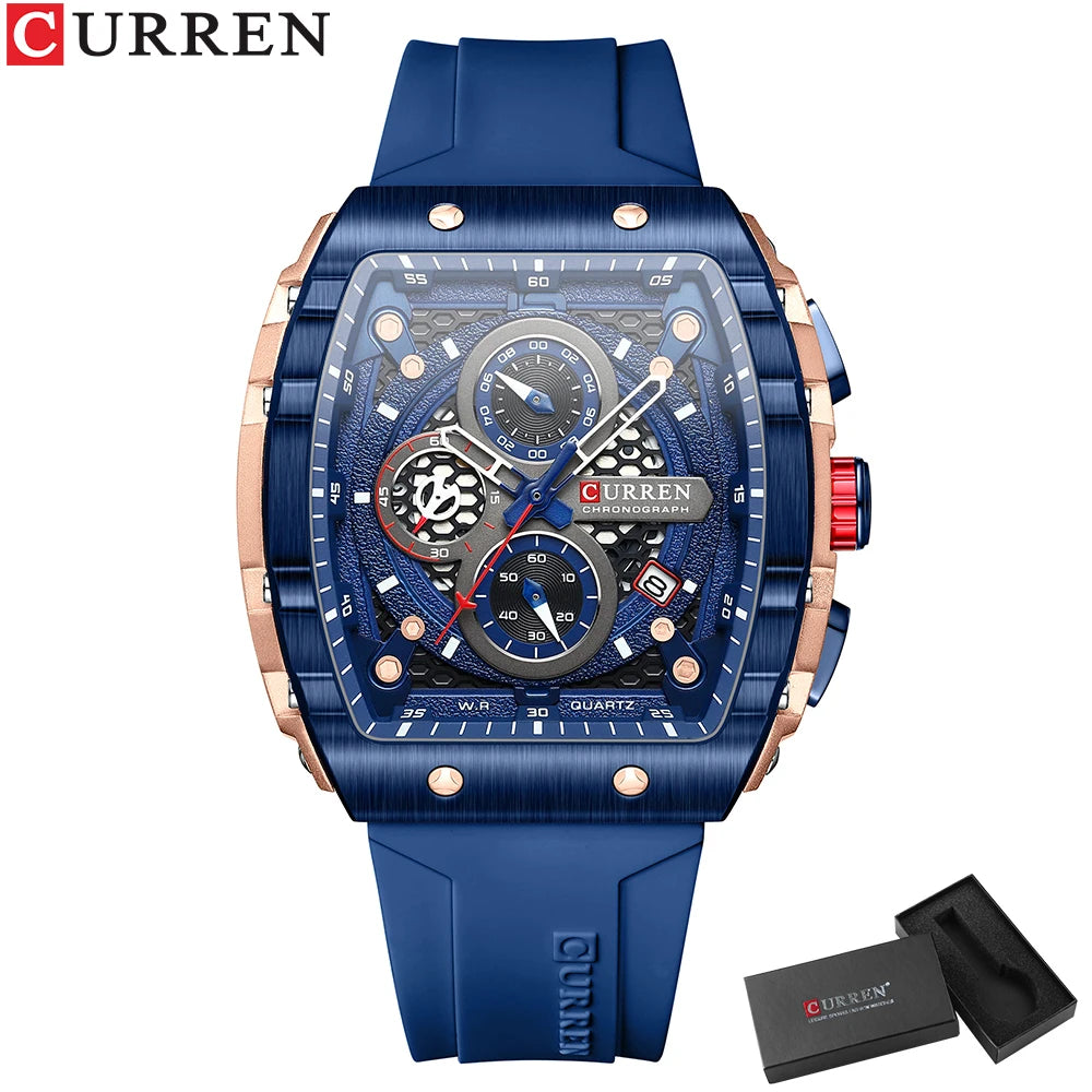 CURREN 8442 Montre Homme Quartz Carrée Chronographe Silicone Lumineux 30M – CLEVI Paris