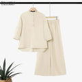 Ensemble 2 Pièces Femme Blouse Col Montant Manches 3/4 + Pantalon Large Taille Élastique OL Casual Bohème 3 Coloris – CLEVI Paris