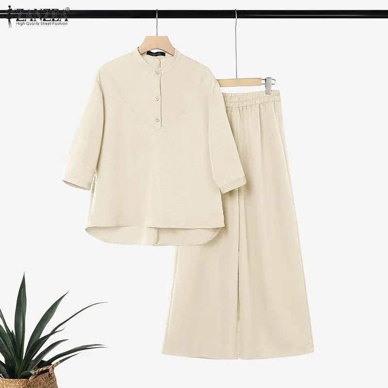 Ensemble 2 Pièces Femme Blouse Col Montant Manches 3/4 + Pantalon Large Taille Élastique OL Casual Bohème 3 Coloris – CLEVI Paris