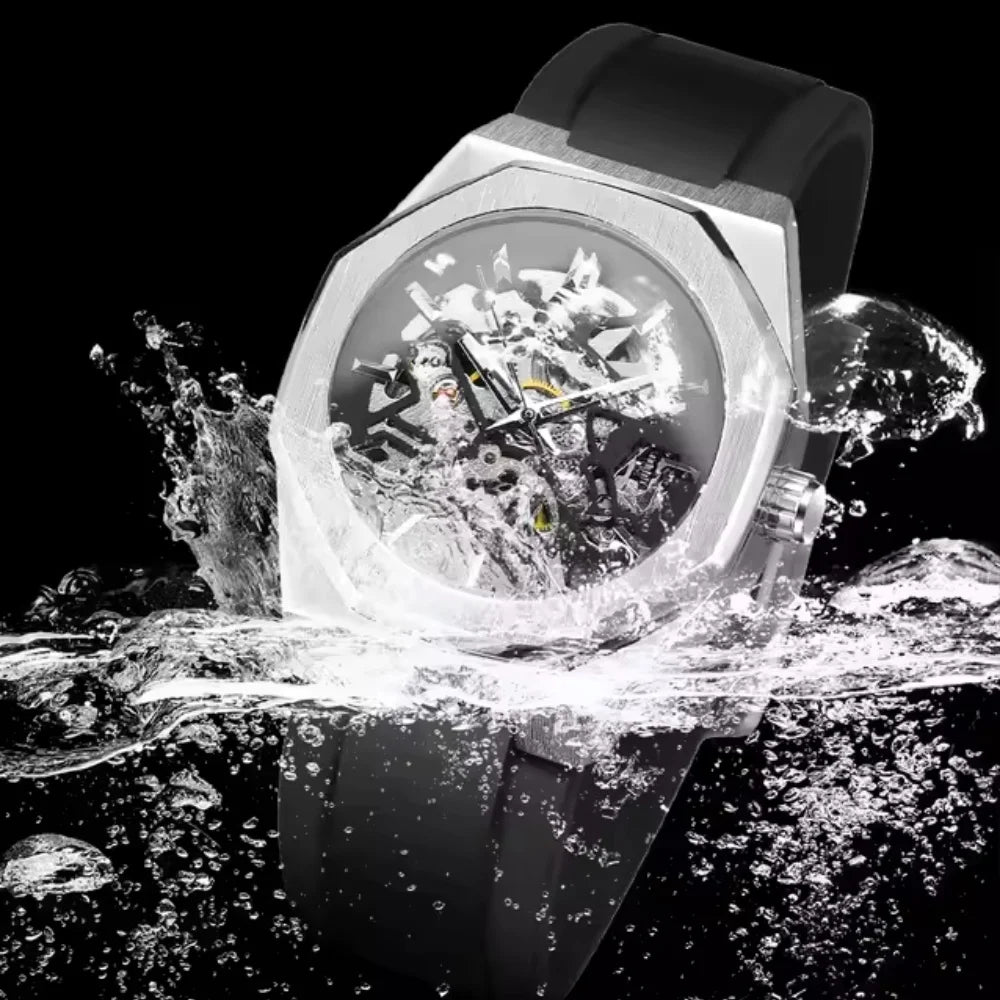 BLUO Montre Homme Automatique Squelette Octogone Acier Silicone 30M – CLEVI Paris