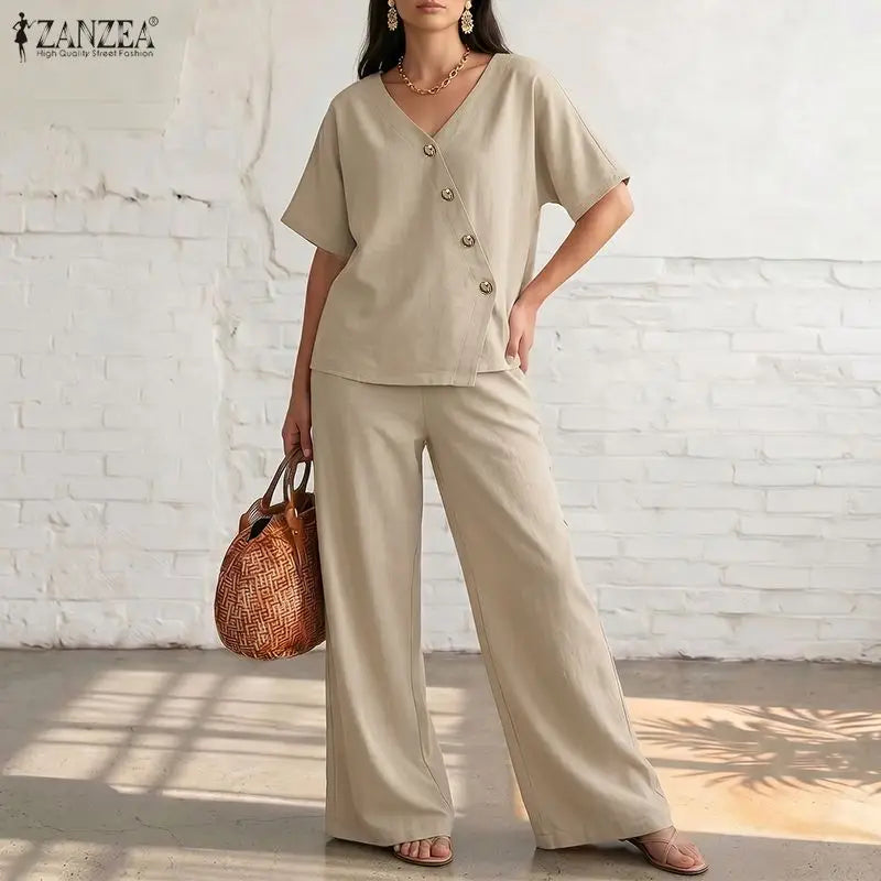 Ensemble 2 Pièces Femme Blouse Col V Manches Mi-Longues Boutonnée + Pantalon Large Taille Mi-Haute Élastique OL Casual 3 Coloris – CLEVI Paris