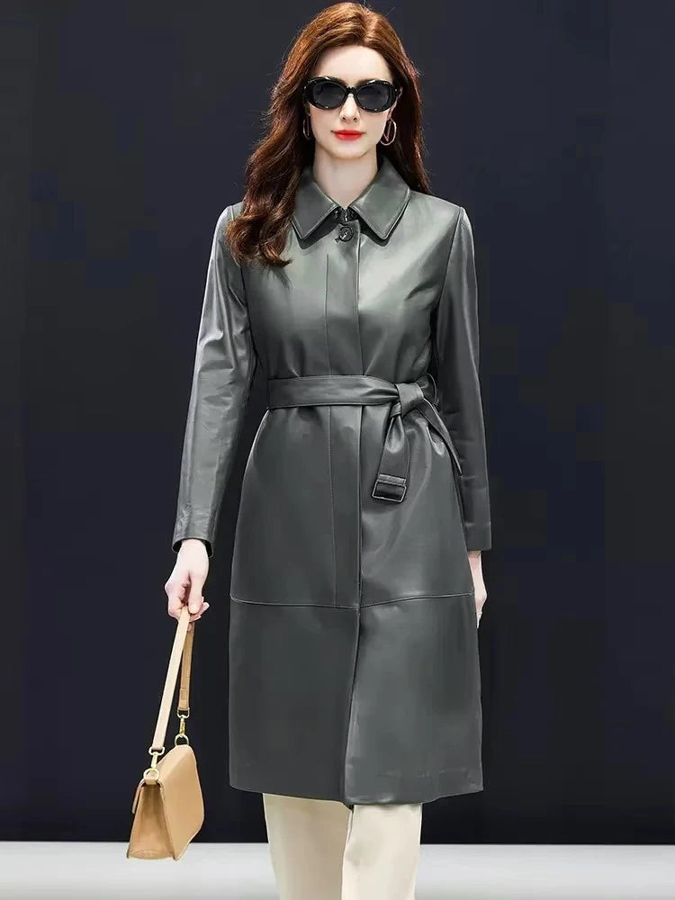 Manteau long femme cuir de mouton ceinturé – CLEVI Paris