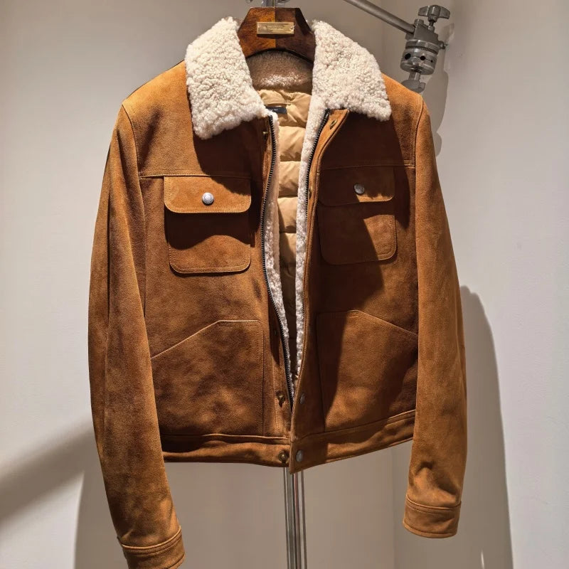 Veste homme en cuir marron à col bouclé – CLEVI Paris