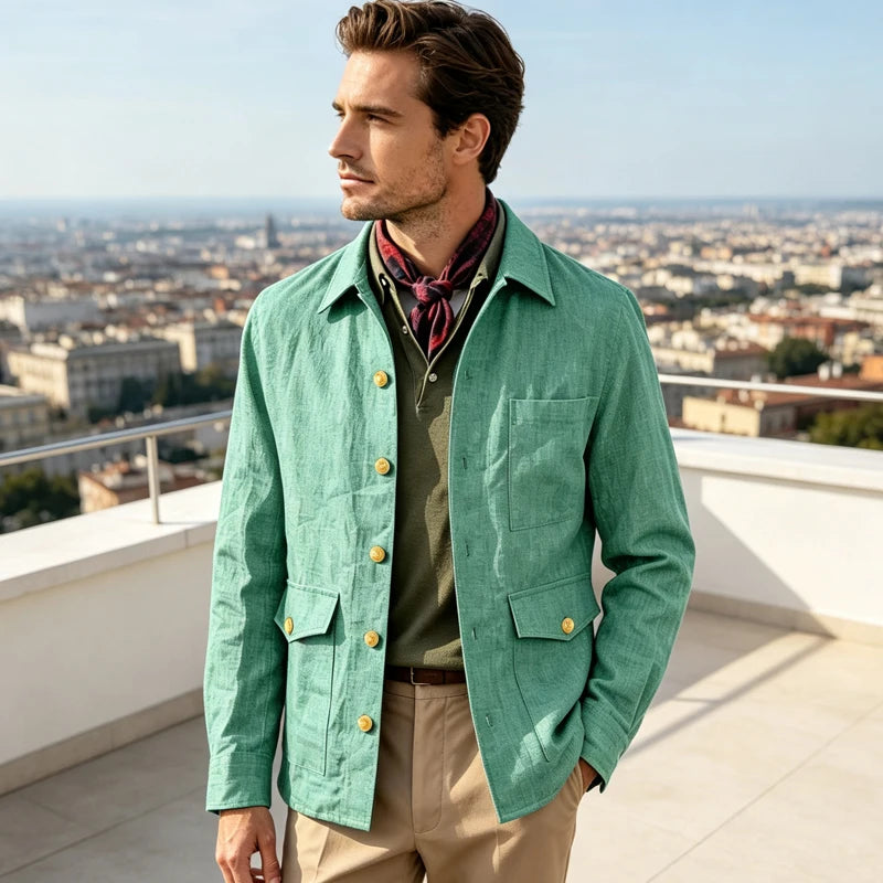 Veste homme en lin mélangé à boutons dorés – CLEVI Paris