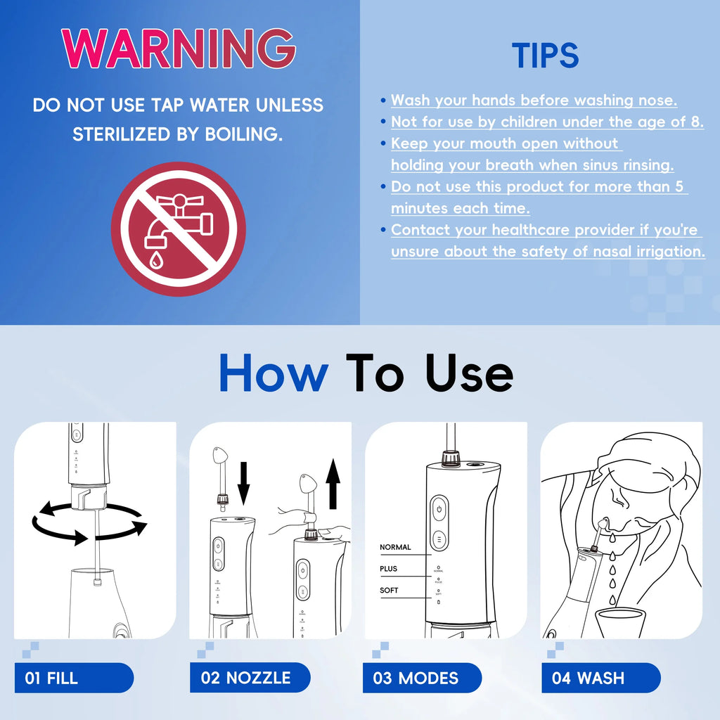 Irrigateur Nasal Électrique 300ml 3 Modes IPX7 USB-C 30 Sachets Sel – CLEVI Paris