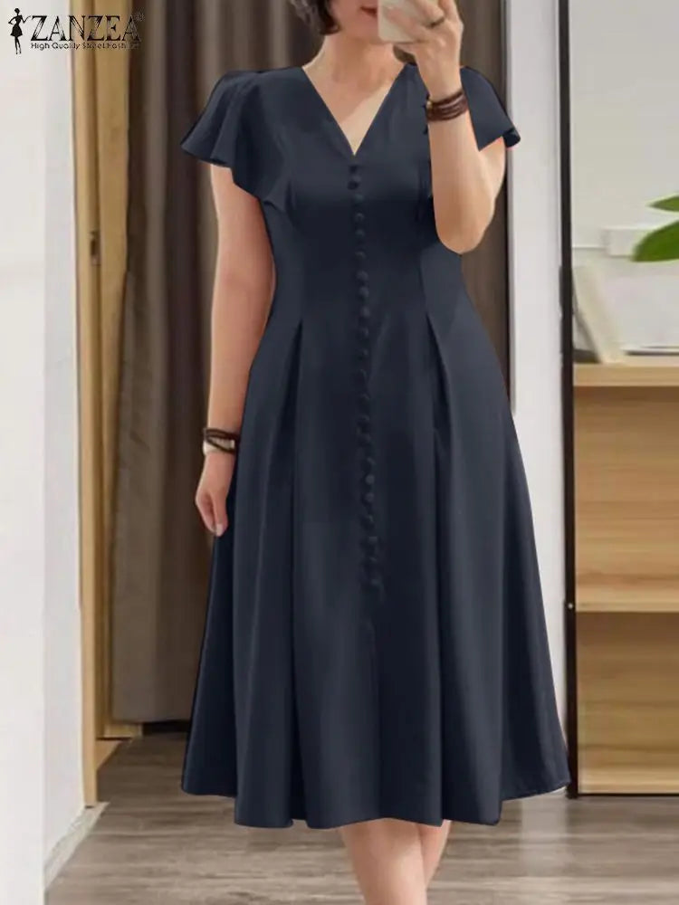 Robe Femme Col V Manches Papillon Couleur Unie Élégante Mi-Mollet – CLEVI Paris