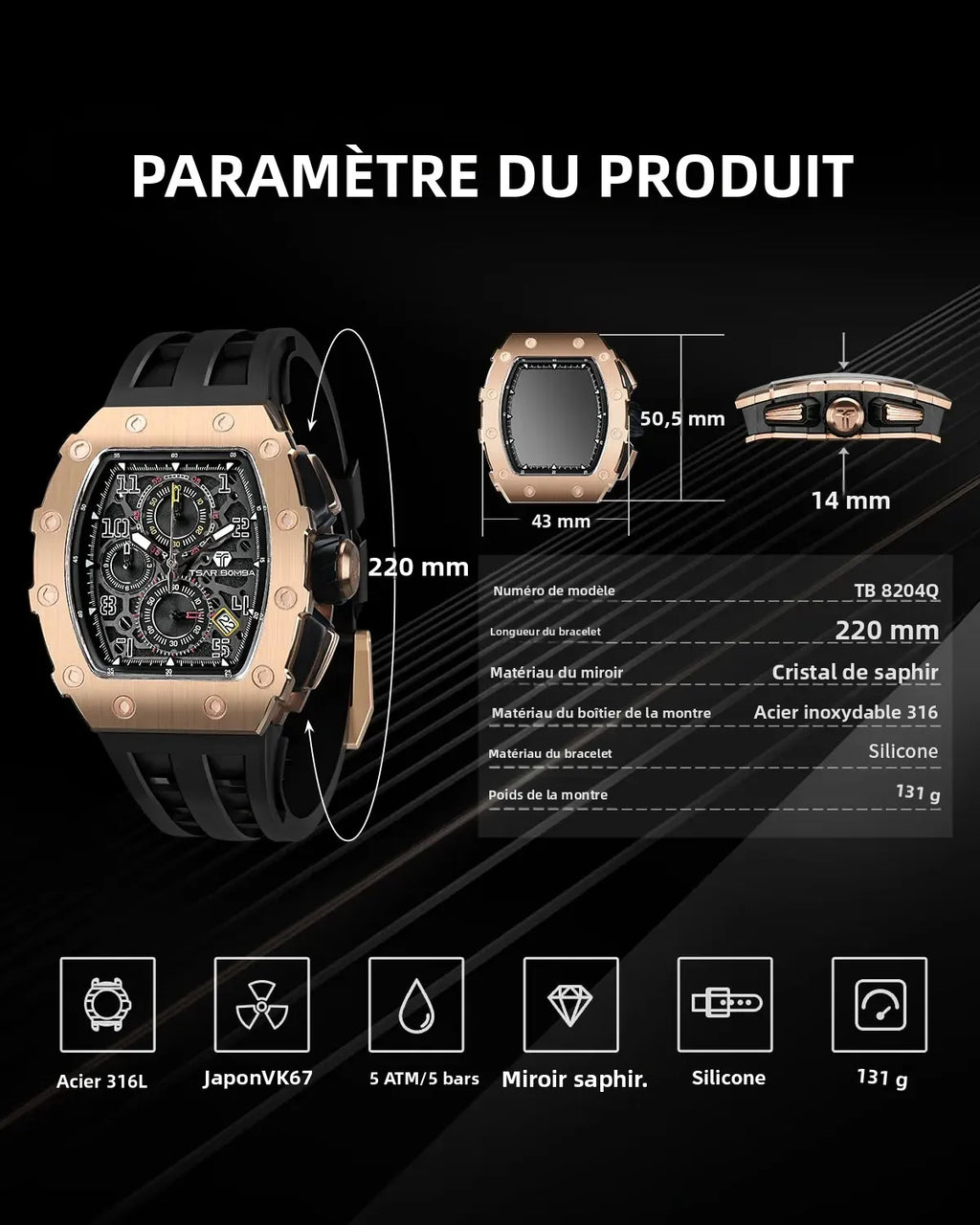 Montre Homme Quartz Chronographe Tonneau Tsar Bomba TB8204Q – CLEVI Paris