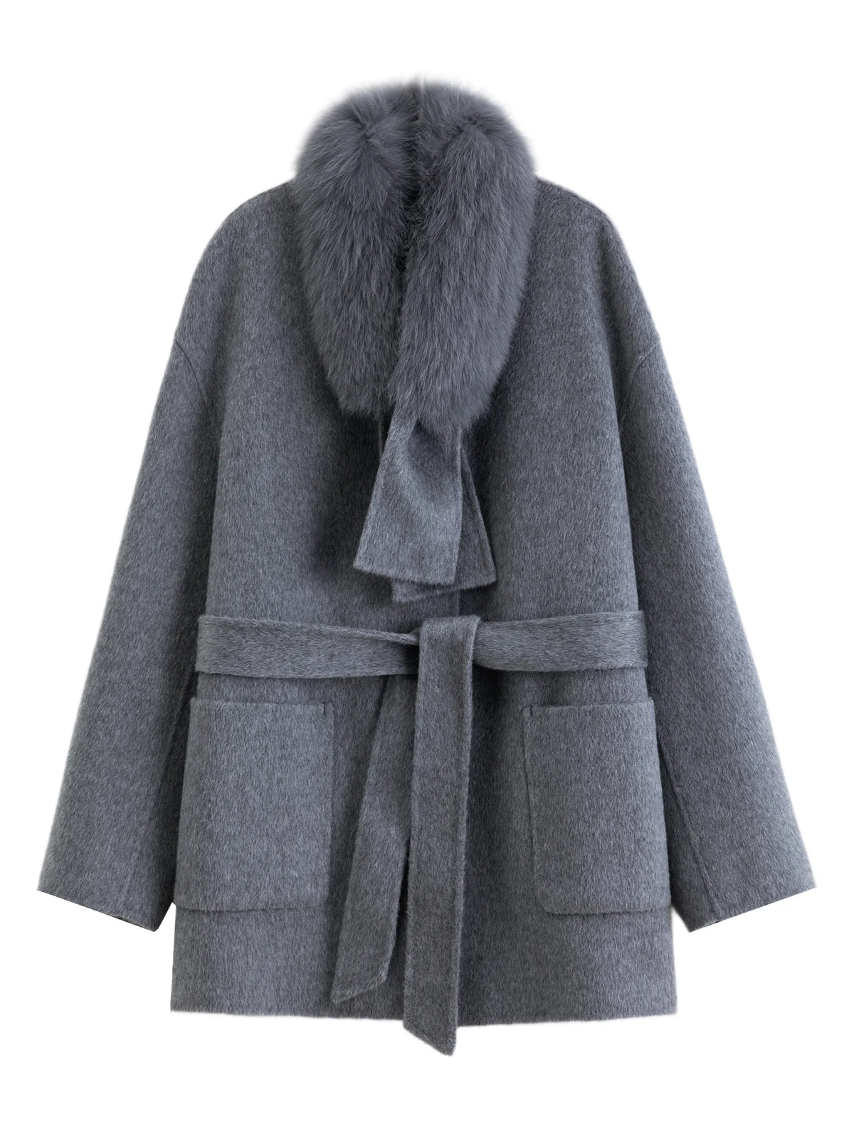 Manteau DUSHU laine et col renard – CLEVI Paris