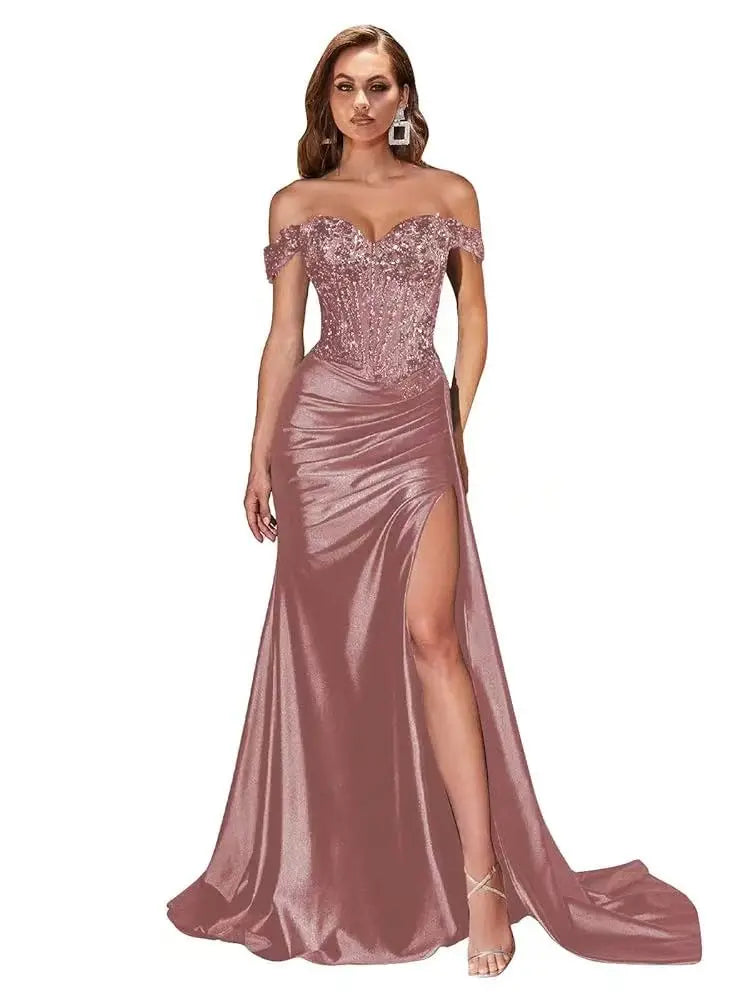 Robe de bal sirène en satin perlé – CLEVI Paris