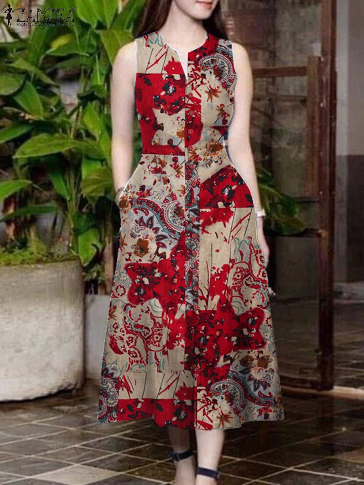 Robe Femme Sans Manches Col V Imprimé Coton Fente Poches Vintage Mi-Mollet – CLEVI Paris