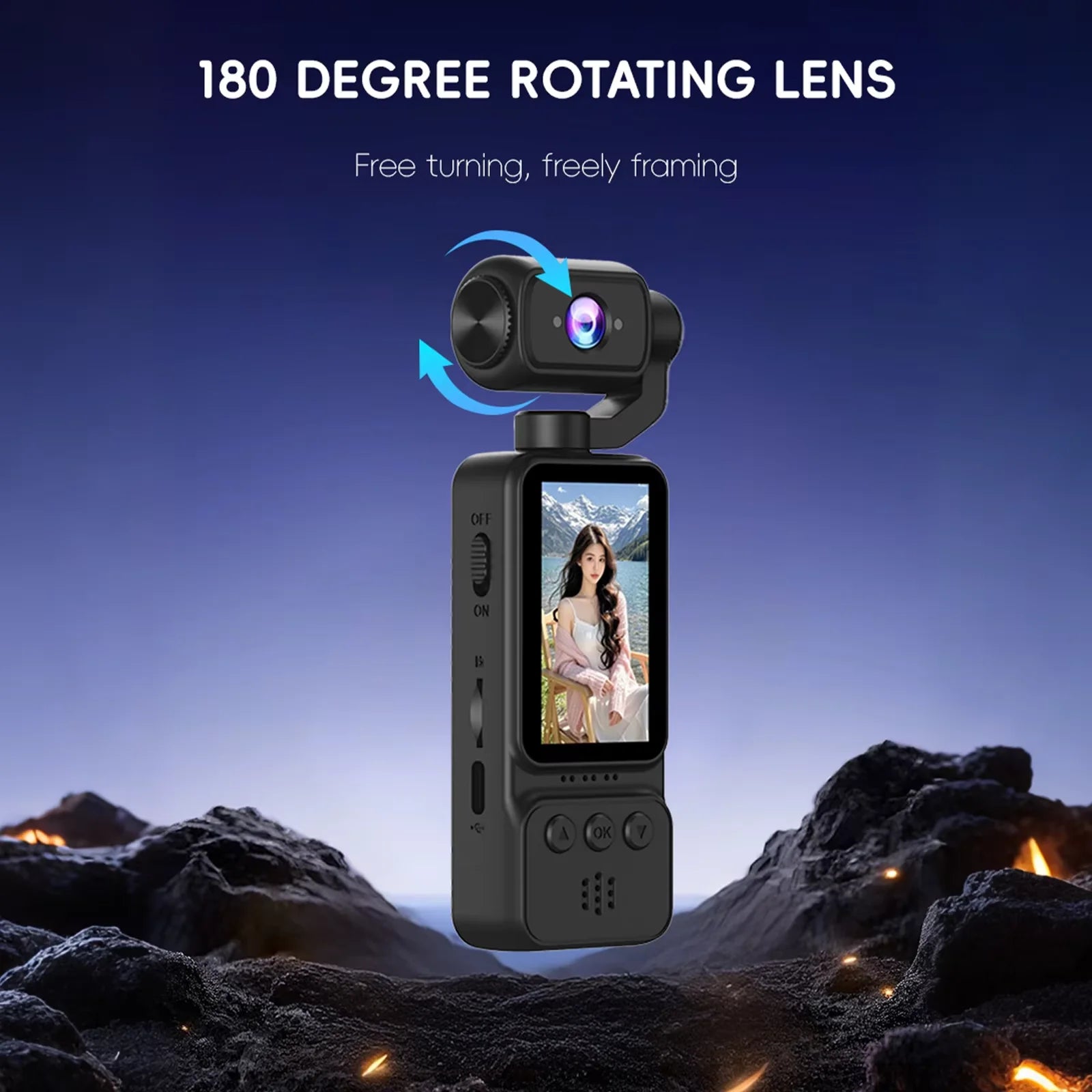 Caméra Vlog 1080P Full HD – Objectif Rotatif 180° Stabilisation Gyroscopique Portable Rechargeable – CLEVI Paris