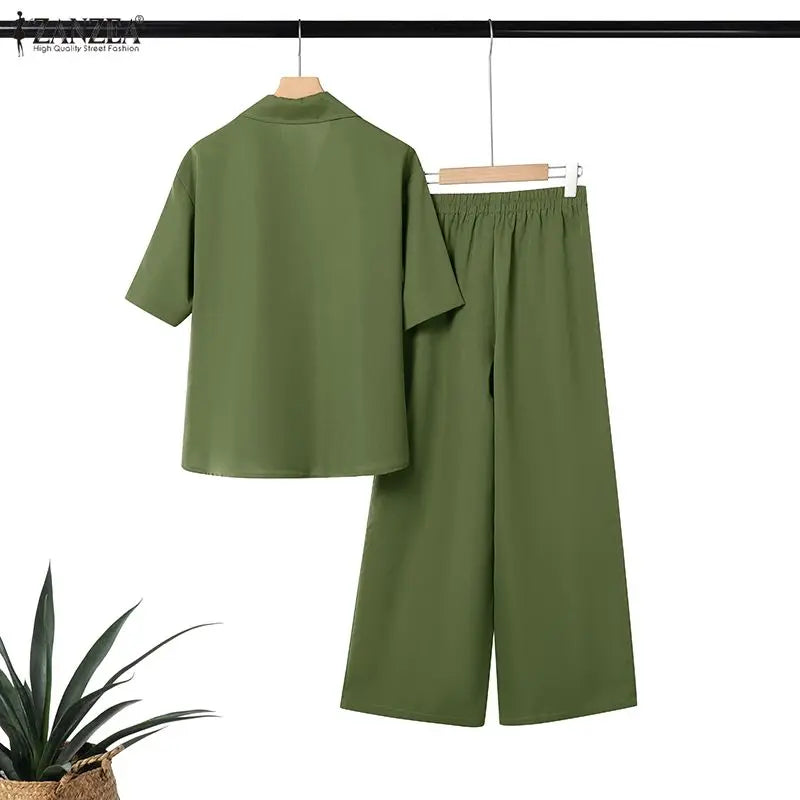 Ensemble 2 Pièces Femme Blouse Col Rabattu Manches Mi-Longues Boutonnée Poches + Pantalon Large Taille Mi-Haute Élastique Casual Bohème Beige Vert Noir – CLEVI Paris