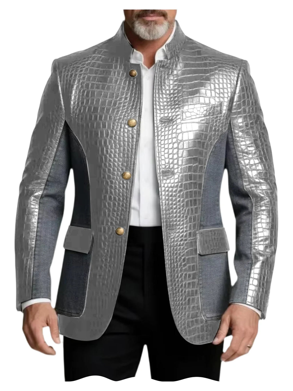 Blazer en cuir PU de luxe marron pour homme, effet croco, patchwork denim, col montant, coupe ajustée, idéal pour affaires, décontracté ou soirée