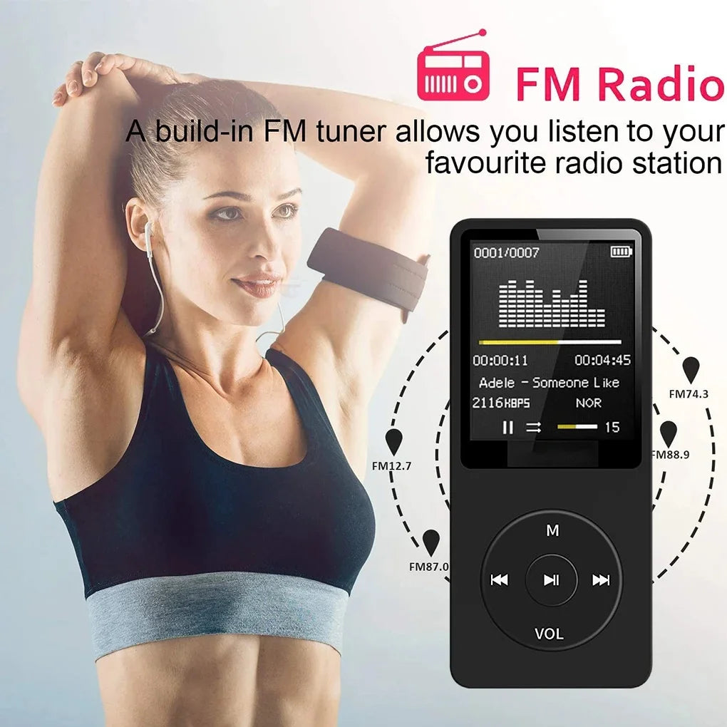 Lecteur MP3 Portable Ultra-Fin – Radio FM, Haut-parleur, Enregistreur, Écran 1,8", jusqu'à 64 Go